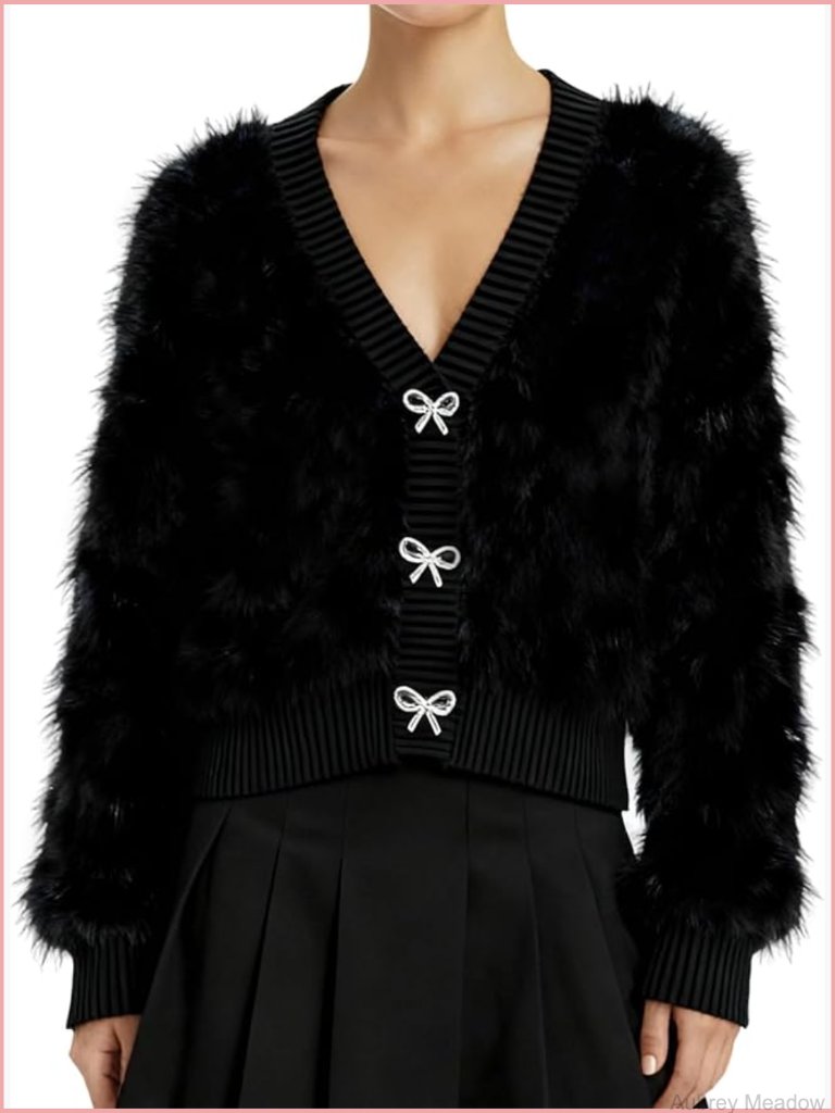 Cropped Fuzzy Cardigan Sweater Bowknot Brooch Button V Neck Long Sleeve Soft
